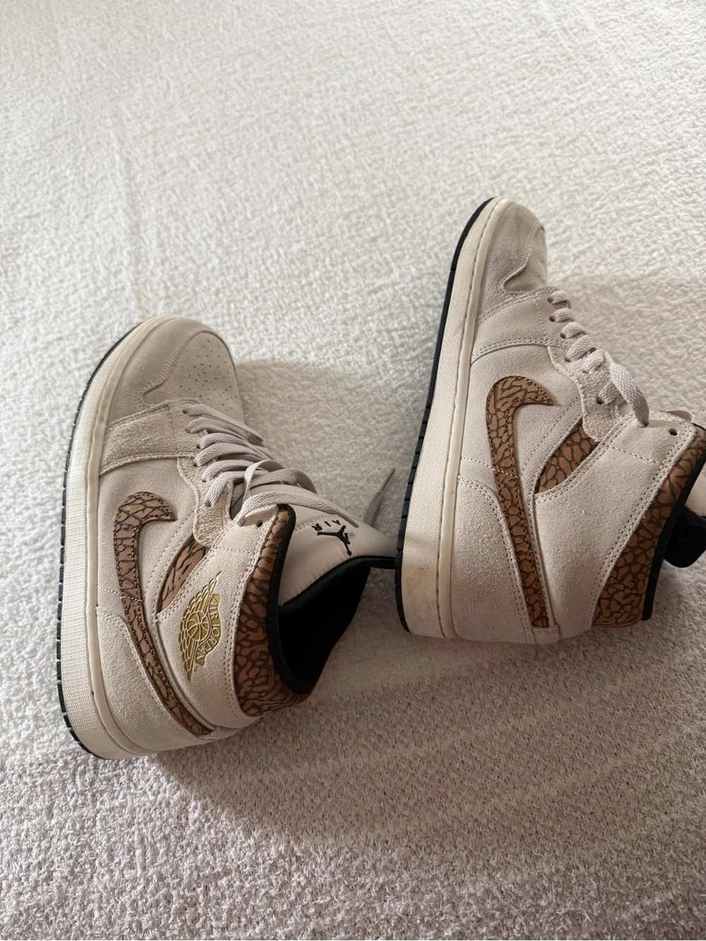 Jordan High-Top Sneakers in Beige with Brown Elephant Print